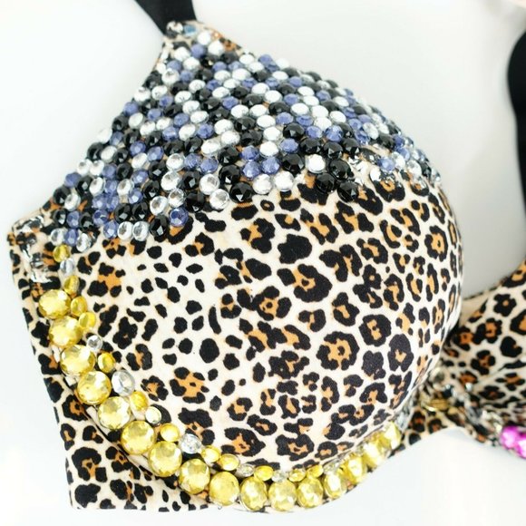 VICTORIA'S SECRET Brown Push Up Bra 32DD Padded Leopard Rhinestone Fabulous - Picture 4 of 12